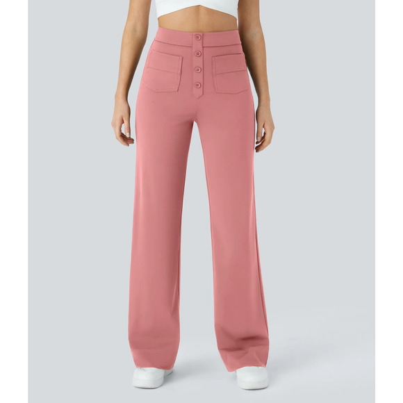 Halara High Waisted Pull On Retro Button Breathable Casual Pants Candy Pink L - Picture 5 of 7